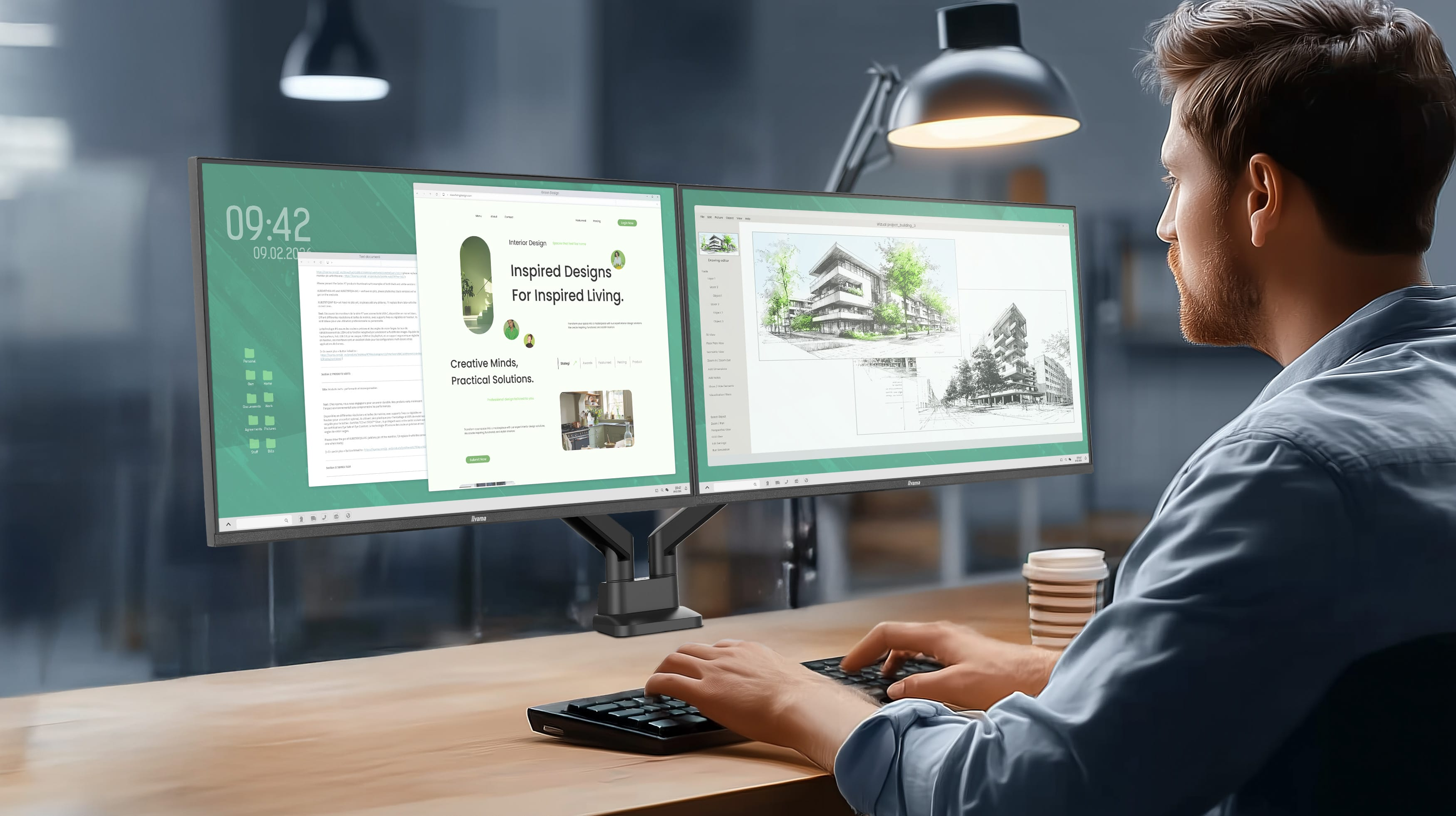 Mann arbeitet an zwei Monitoren, die Architekturzeichnungen und Webdesign zeigen.