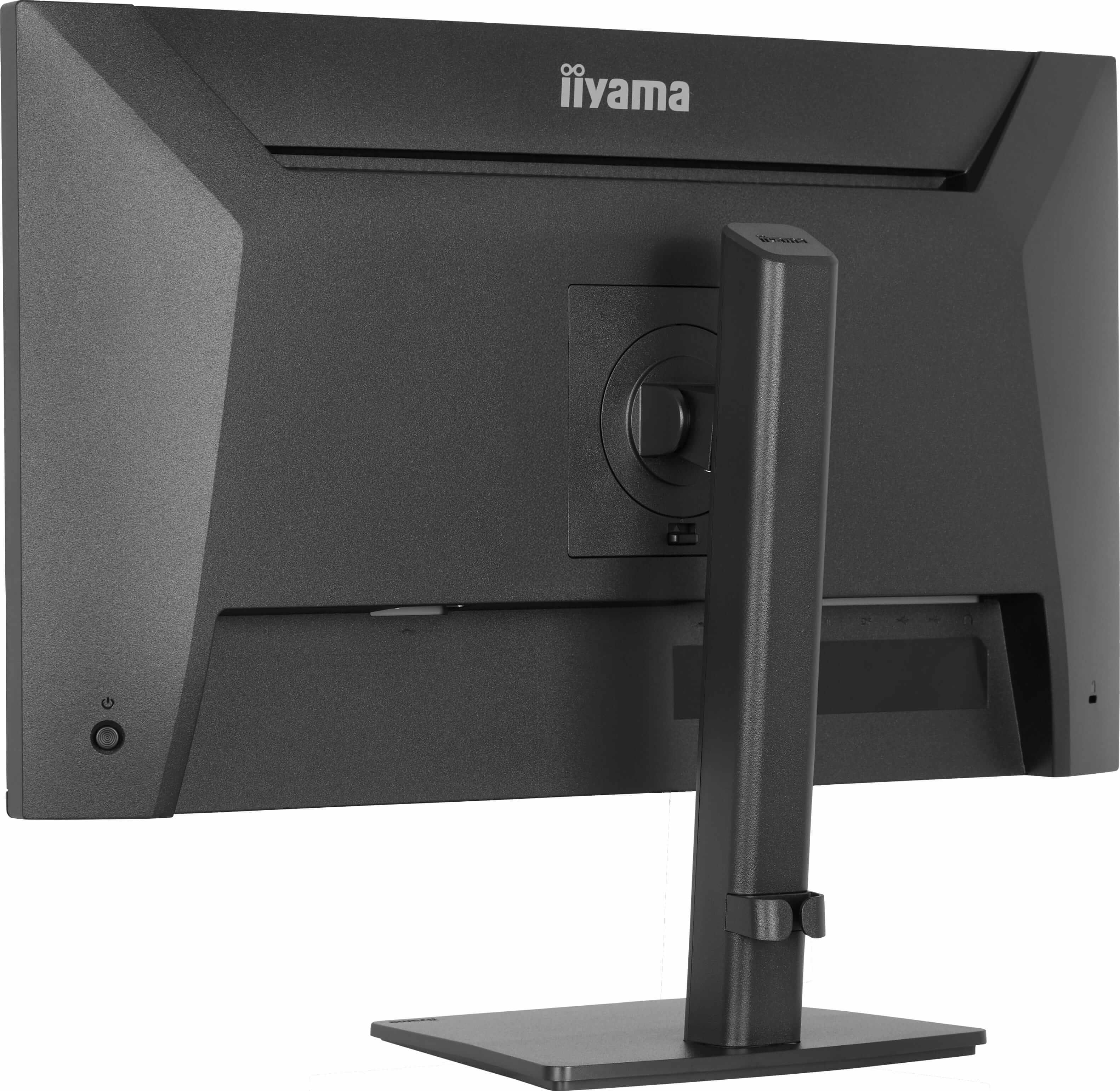 Rückseite eines schwarzen Monitors mit iiyama-Logo und Ständer.