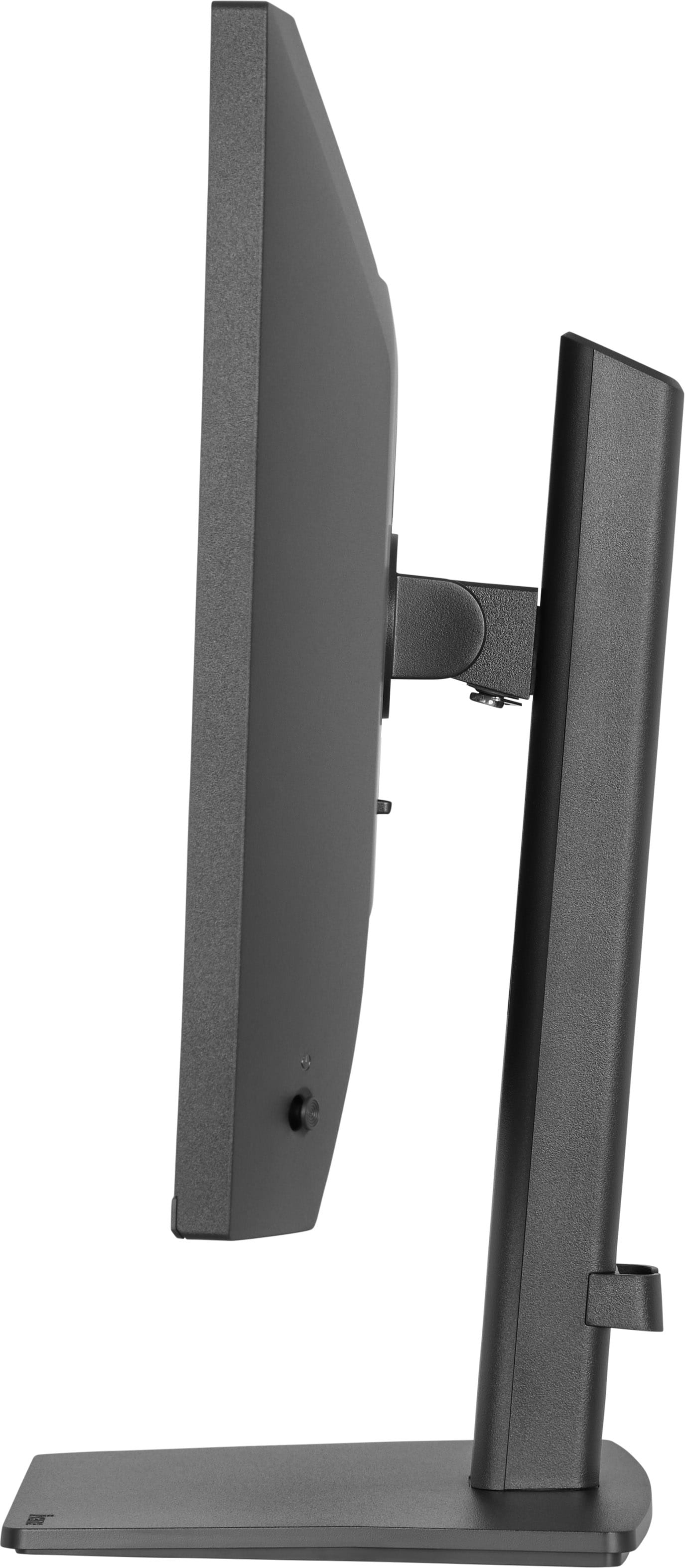 Grauer Computermonitor mit Ständer, von der Seite gesehen.