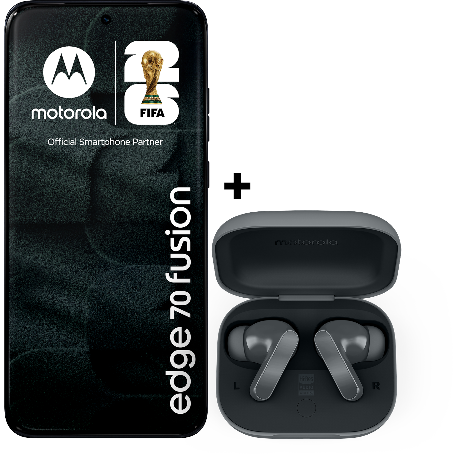 Motorola Edge 70 Fusion smartphone with FIFA logo and gray wireless earbuds.