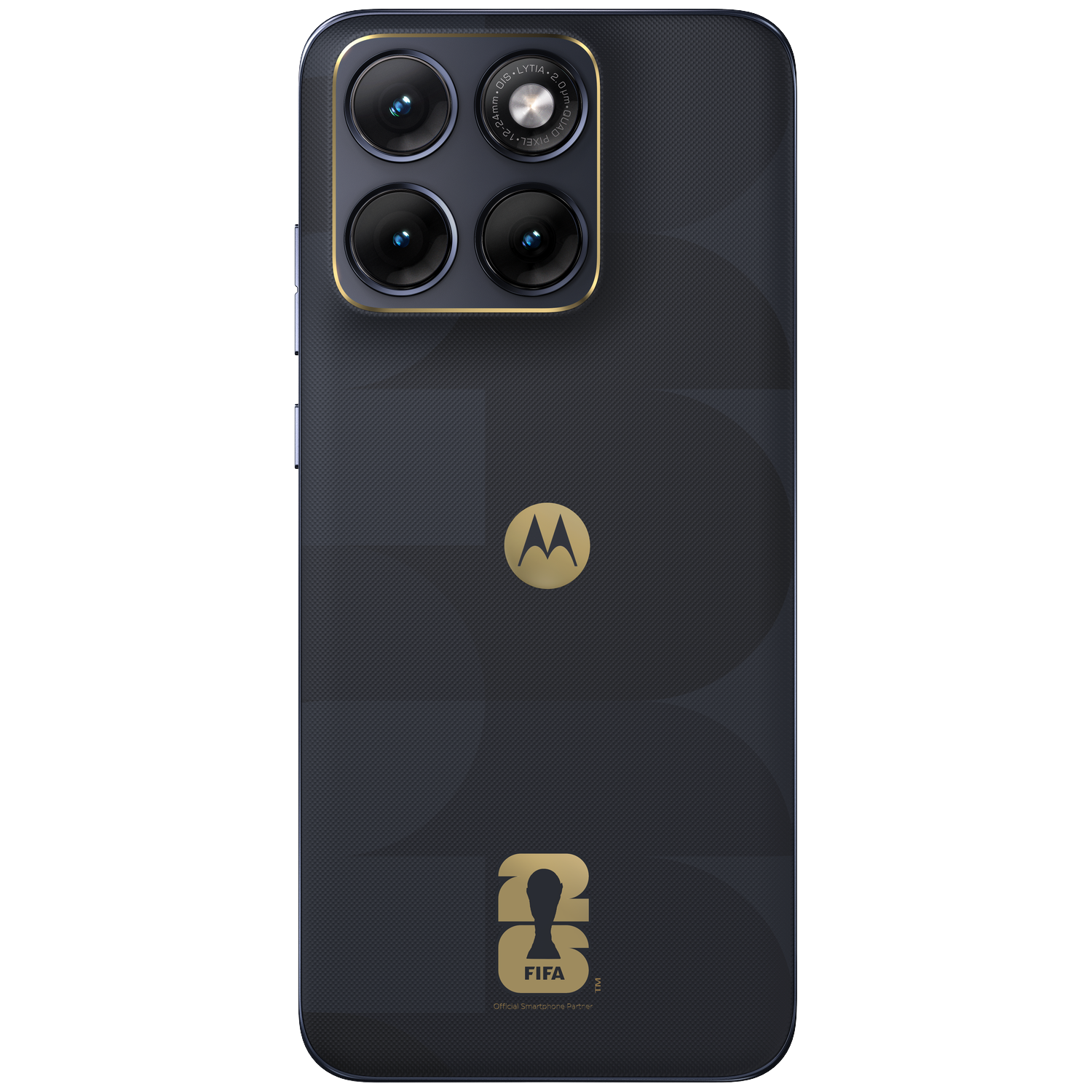 Dark gray Motorola smartphone with four cameras, gold Motorola logo, and FIFA logo.