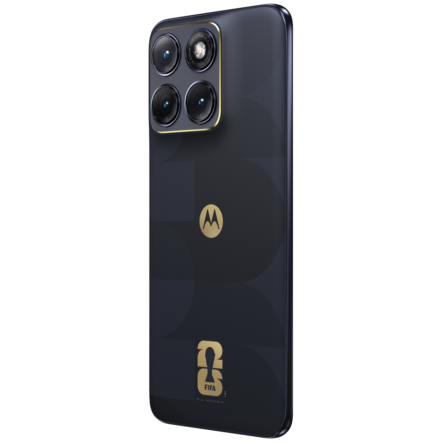 Dark blue smartphone with four cameras, Motorola logo and FIFA logo.