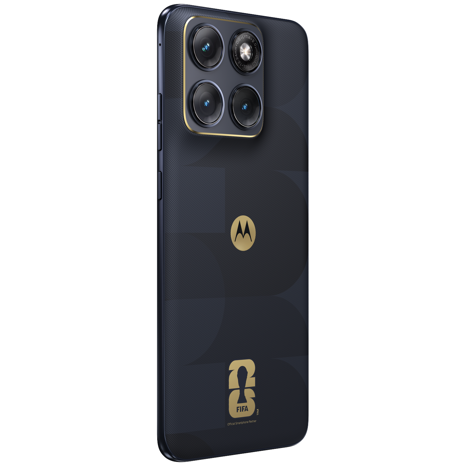 Dark blue Motorola smartphone with gold camera module and FIFA logo.
