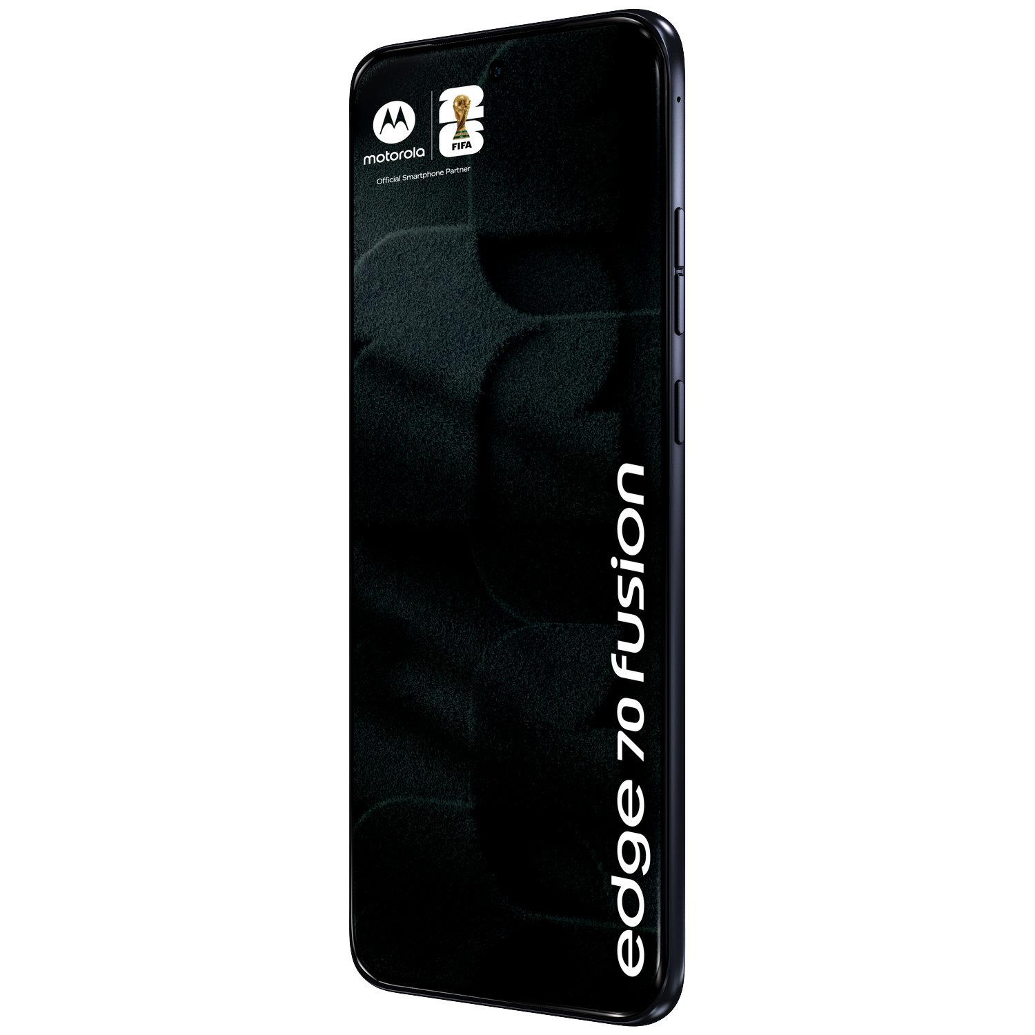 Dark gray Motorola Edge 70 Fusion smartphone with FIFA logo.