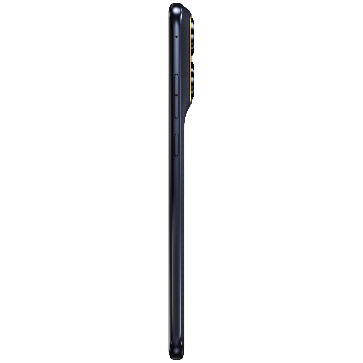 Dark blue smartphone shown in profile, with visible cameras and buttons.