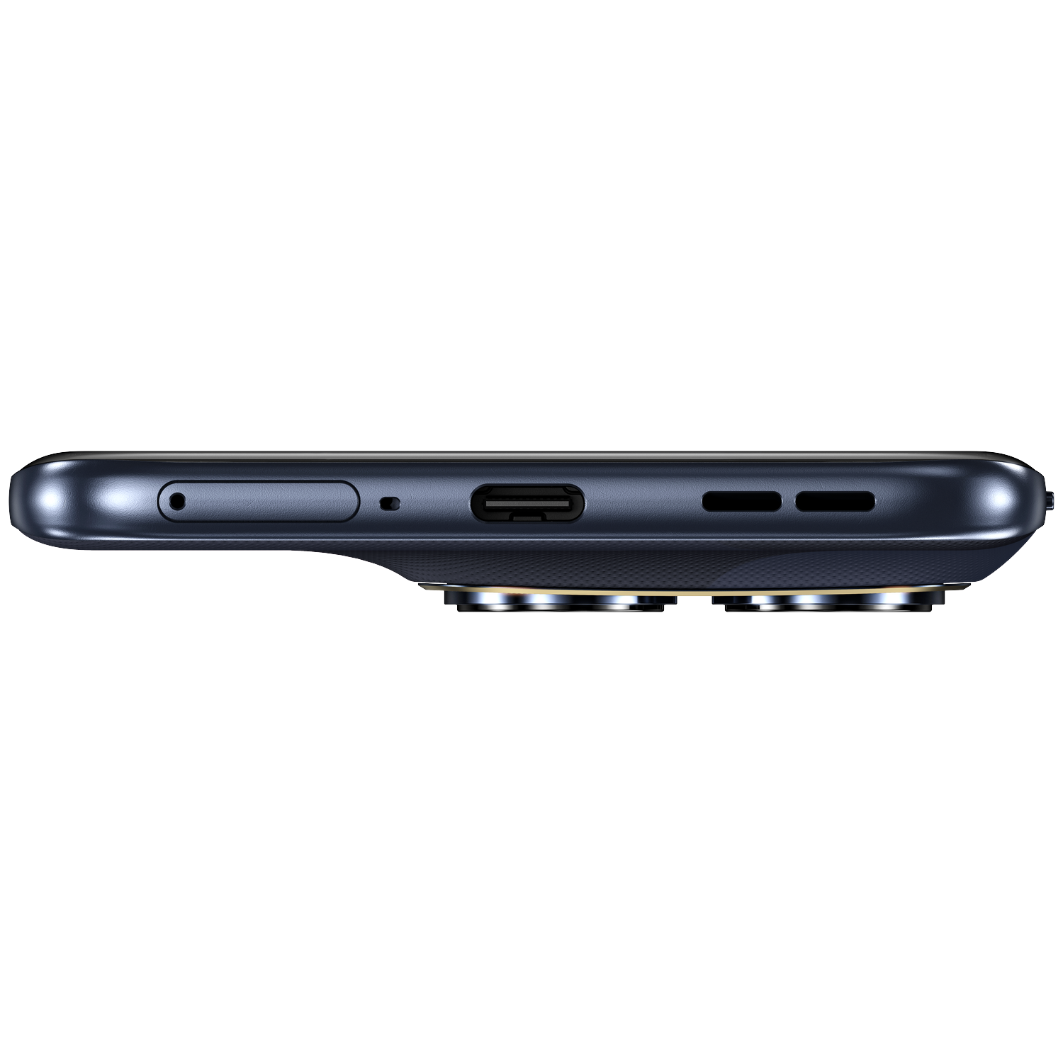 Dark blue smartphone profile with USB-C port and speaker grilles.