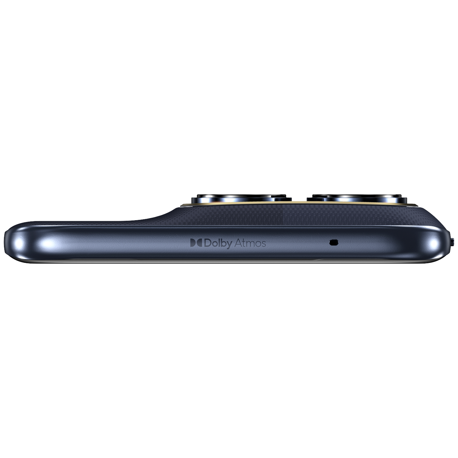 Dark blue smartphone with Dolby Atmos logo and camera lenses.