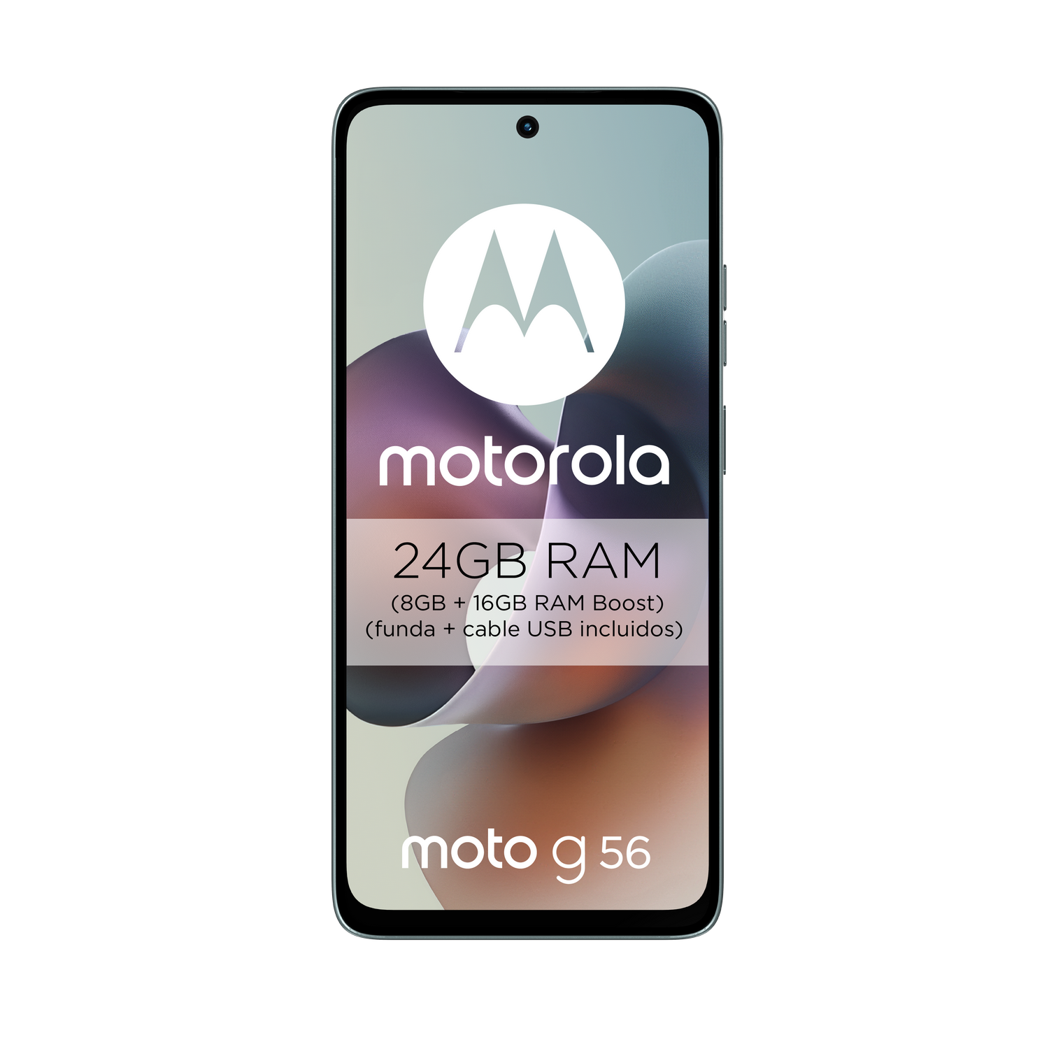 Teléfono Motorola Moto G 56 con 24 GB de RAM y accesorios. Verde claro.