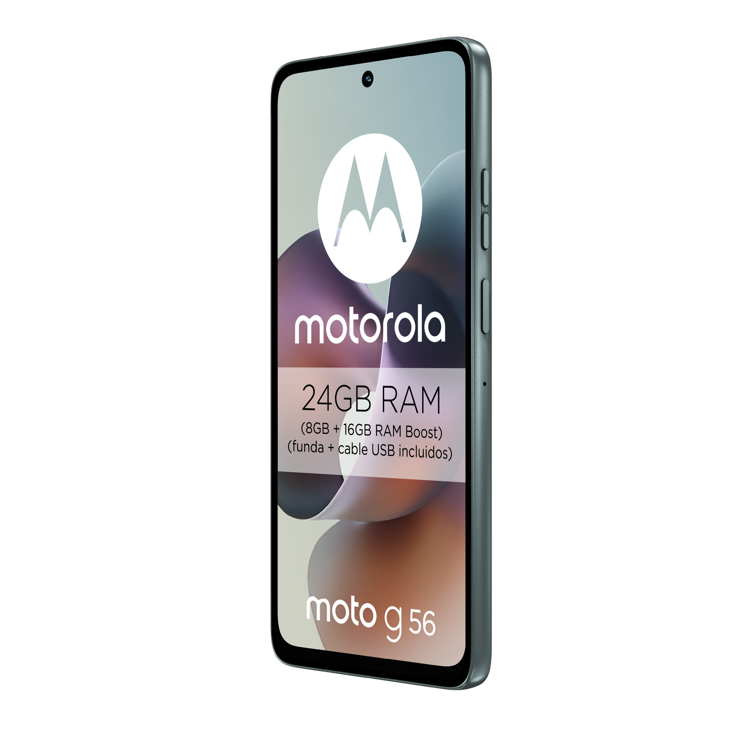Se muestra un smartphone Motorola Moto G 56 gris con 24GB de RAM.