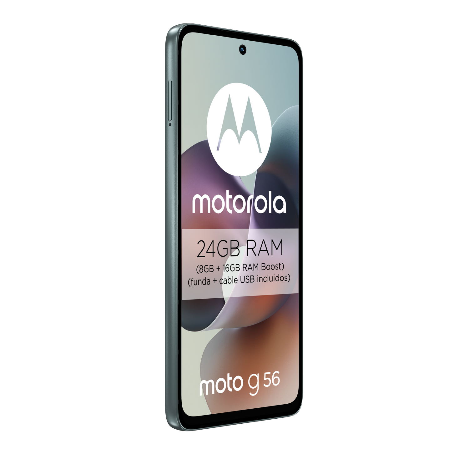 Un smartphone Motorola Moto G 56 con 24GB RAM, en gris. Está sobre un fondo gris.