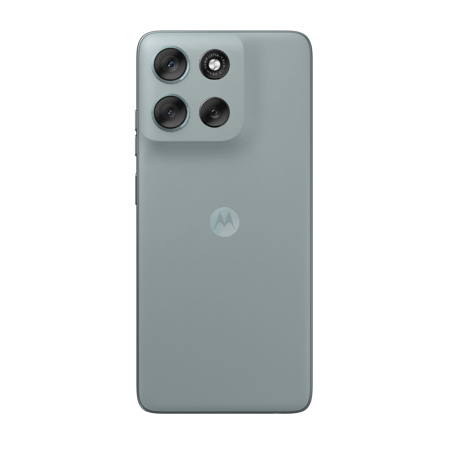 Un smartphone verde grisáceo con tres cámaras y el logo de Motorola.