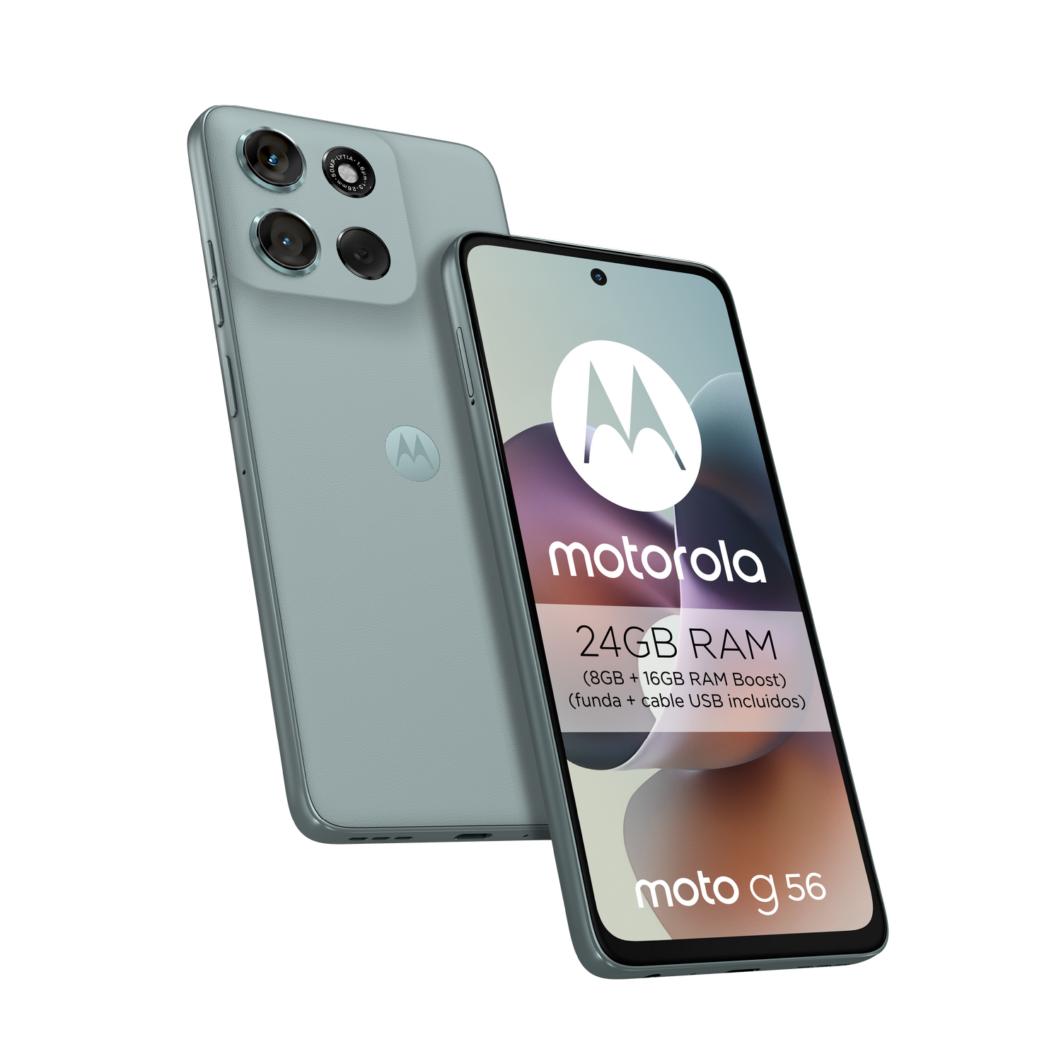 Un smartphone Motorola Moto G 56 azul claro con 24 GB de RAM.
