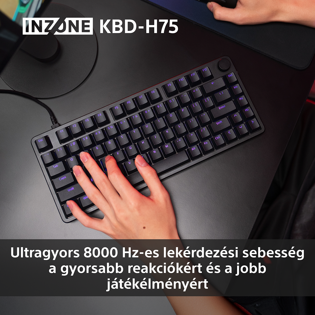 Egy kéz gépel egy INZONE KBD-H75 feliratú, háttérvilágítású billentyűzeten.