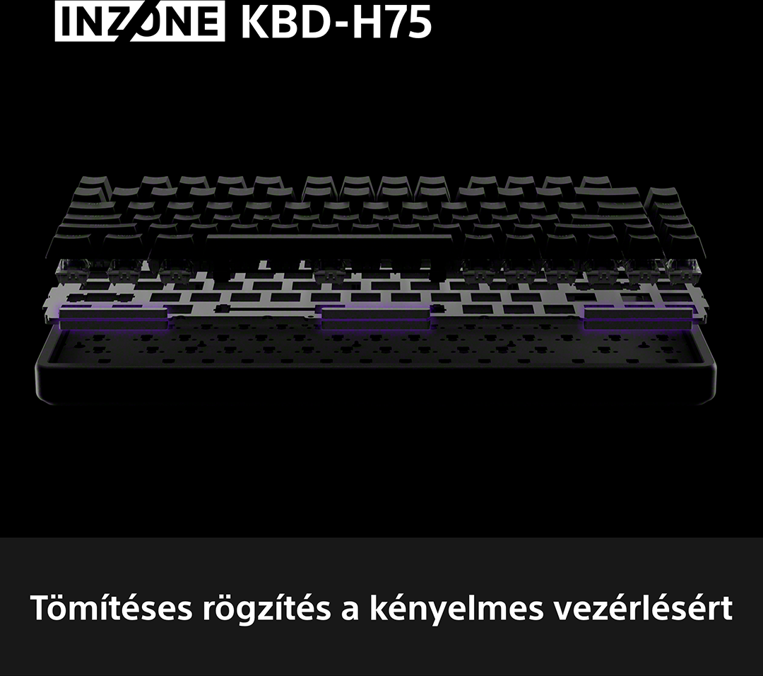 Fekete billentyűzet robbantott nézete, lila díszítéssel. Szöveg: INZONE KBD-H75.