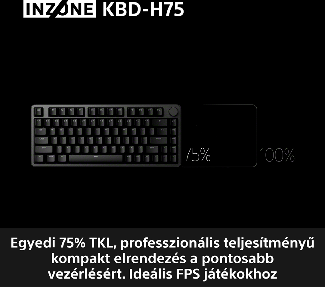 Fekete billentyűzet, "INZONE KBD-H75" felirattal, 75%-os elrendezéssel egy teljes 100%-os elrendezéshez képest, fekete háttéren.
