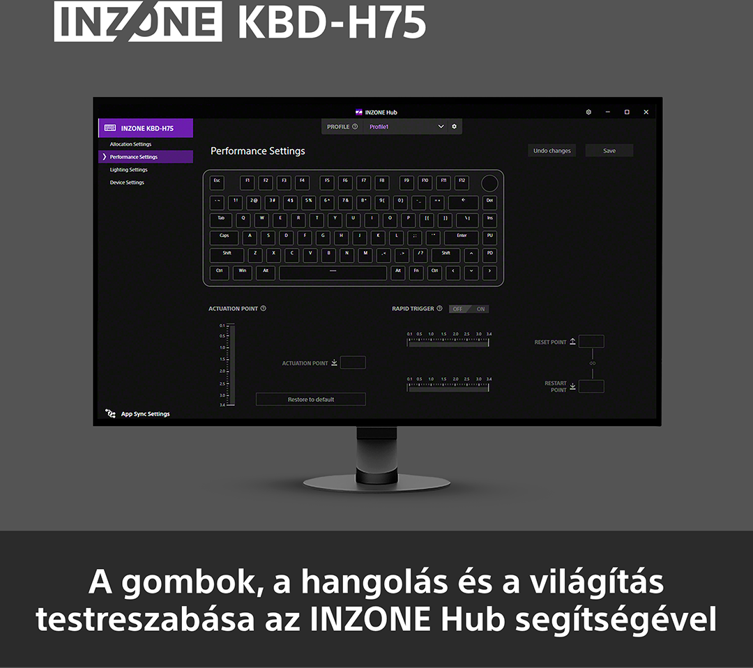 A képernyő az INZONE Hub szoftvert mutatja, billentyűzetbeállításokkal.