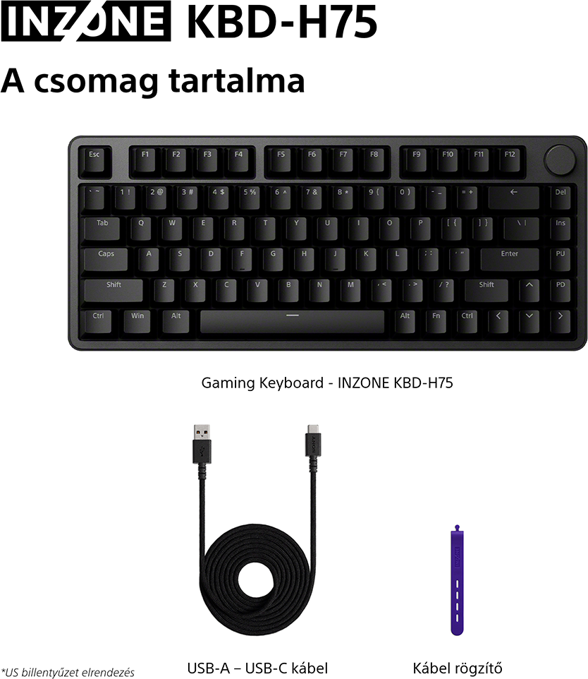 Gamer billentyűzet, USB-A-USB-C kábel és kábelkötegelő.