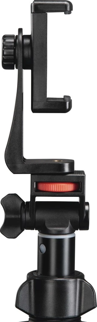 Ein schwarzer Handyhalter mit einem roten Einstellrad und schwarzen Knöpfen.