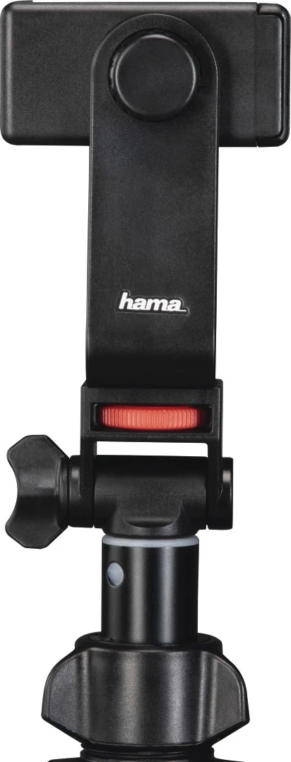 Ein schwarzer Handyhalter mit rotem Rädchen und schwarzem Griff.