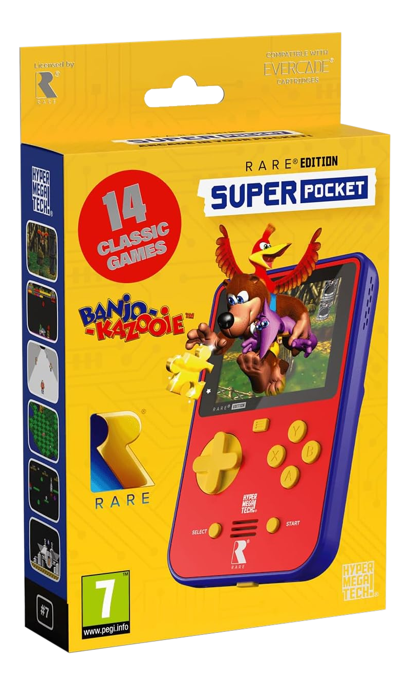 Verpackung für ein Retro-Handheld-Spielgerät mit Banjo-Kazooie-Motiv.