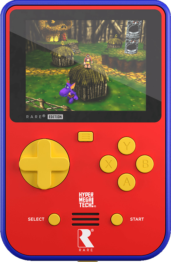 Ein rotes Handheld mit blauem Rand, das ein Videospiel zeigt.