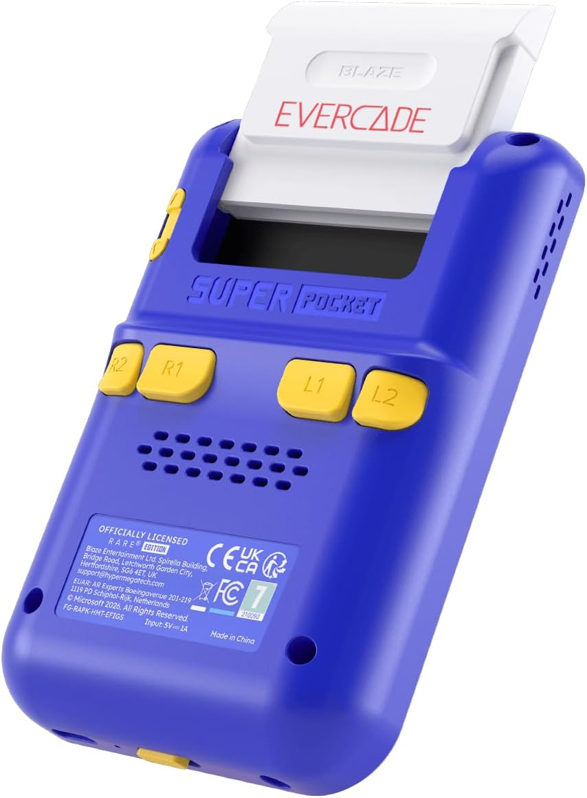 Ein blauer Handheld-Videospieler mit gelben Tasten und eingelegter weißer Spielekassette.