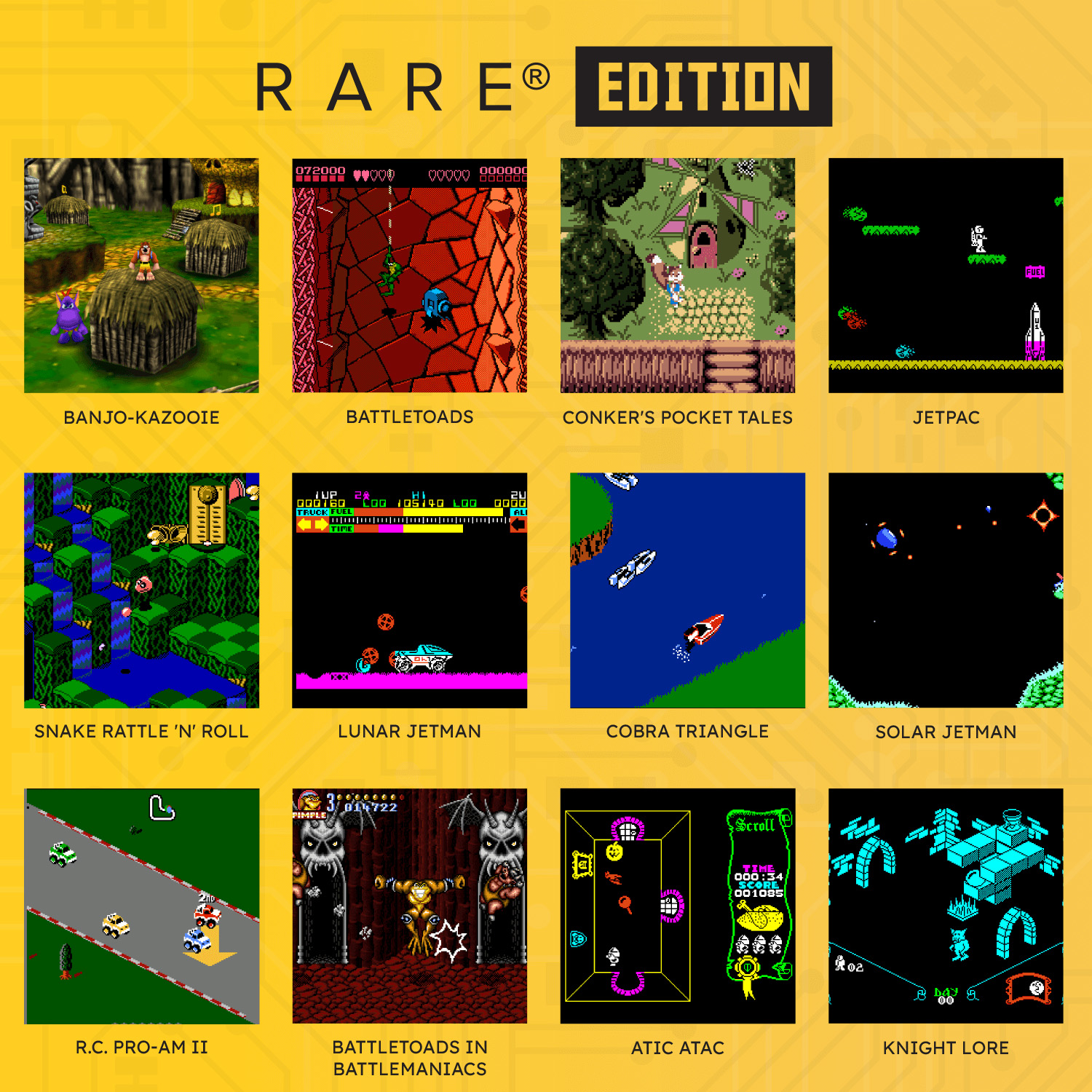 Retro-Videospiel-Screenshots: Banjo-Kazooie, Battletoads, Conker, Jetpac, Snake, Lunar Jetman, Cobra Triangle, Solar Jetman, R.C. Pro-Am II, Battletoads in Battlemaniacs, Atic Atac, Knight Lore.