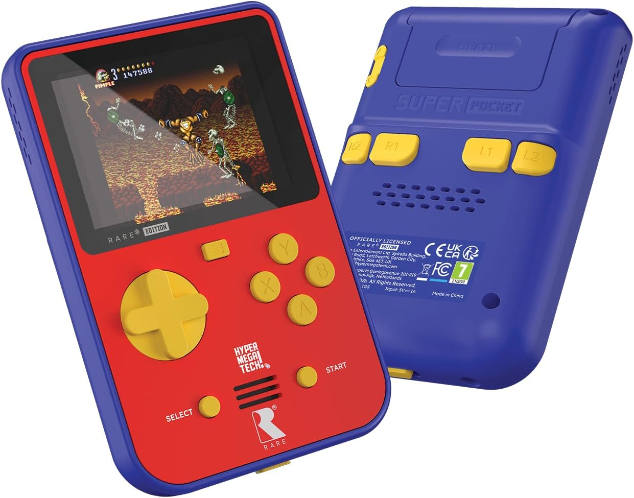 Ein blaues und rotes Handheld-Retro-Spielgerät mit gelben Tasten.