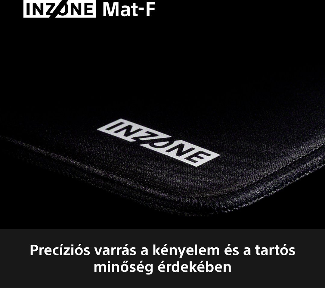 Fekete egérpad fehér INZONE logóval és precíziós varrással.