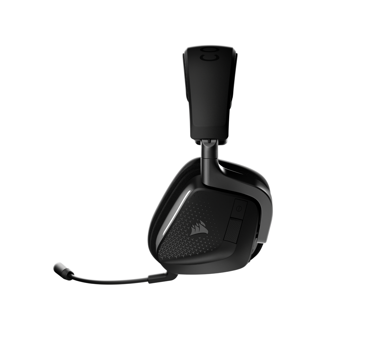 Auriculares negros para gaming con micrófono, logo iluminado y controles.