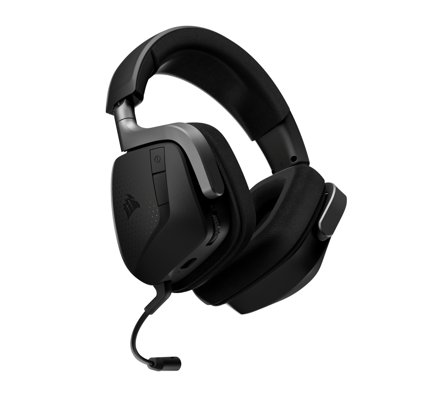 Auriculares negros para juegos con micrófono y logo de Corsair sobre fondo negro.