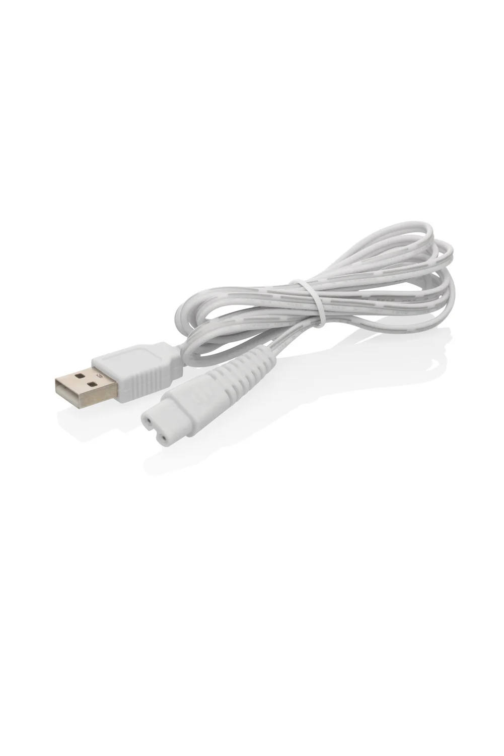 Egy fehér USB-kábel USB-A csatlakozóval és 2 tűs csatlakozóval.