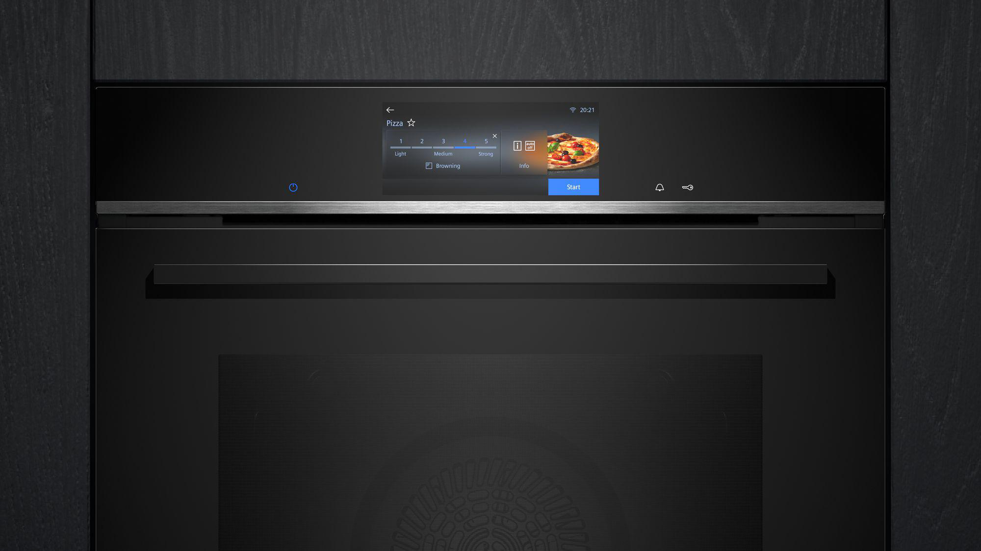 Ofen-Display: Pizzaprogramm mit Bräunungsgrad 4 von 5.