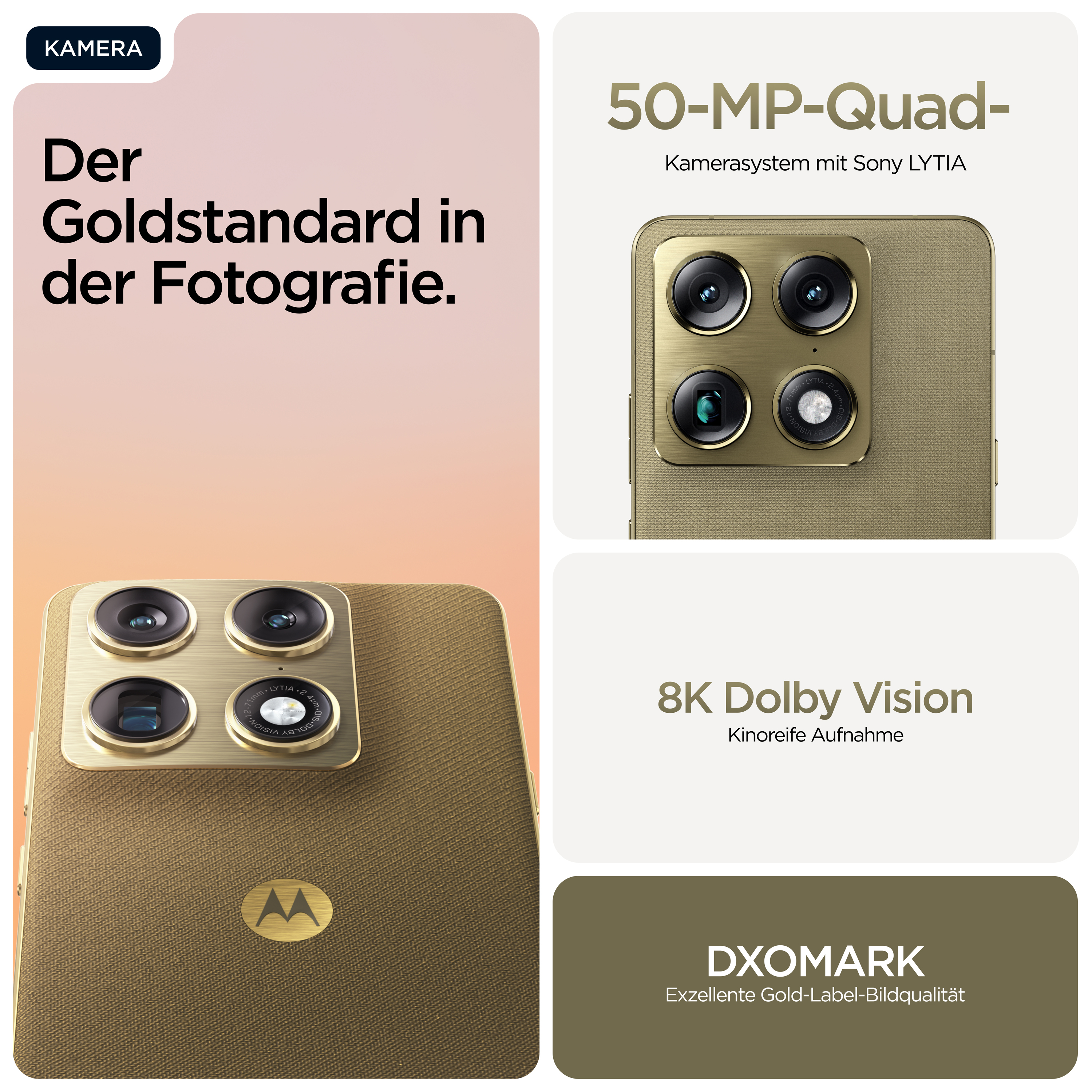 Gold-farbenes Handy mit Quad-Kamera, 50MP, 8K Dolby Vision, DXOMARK.