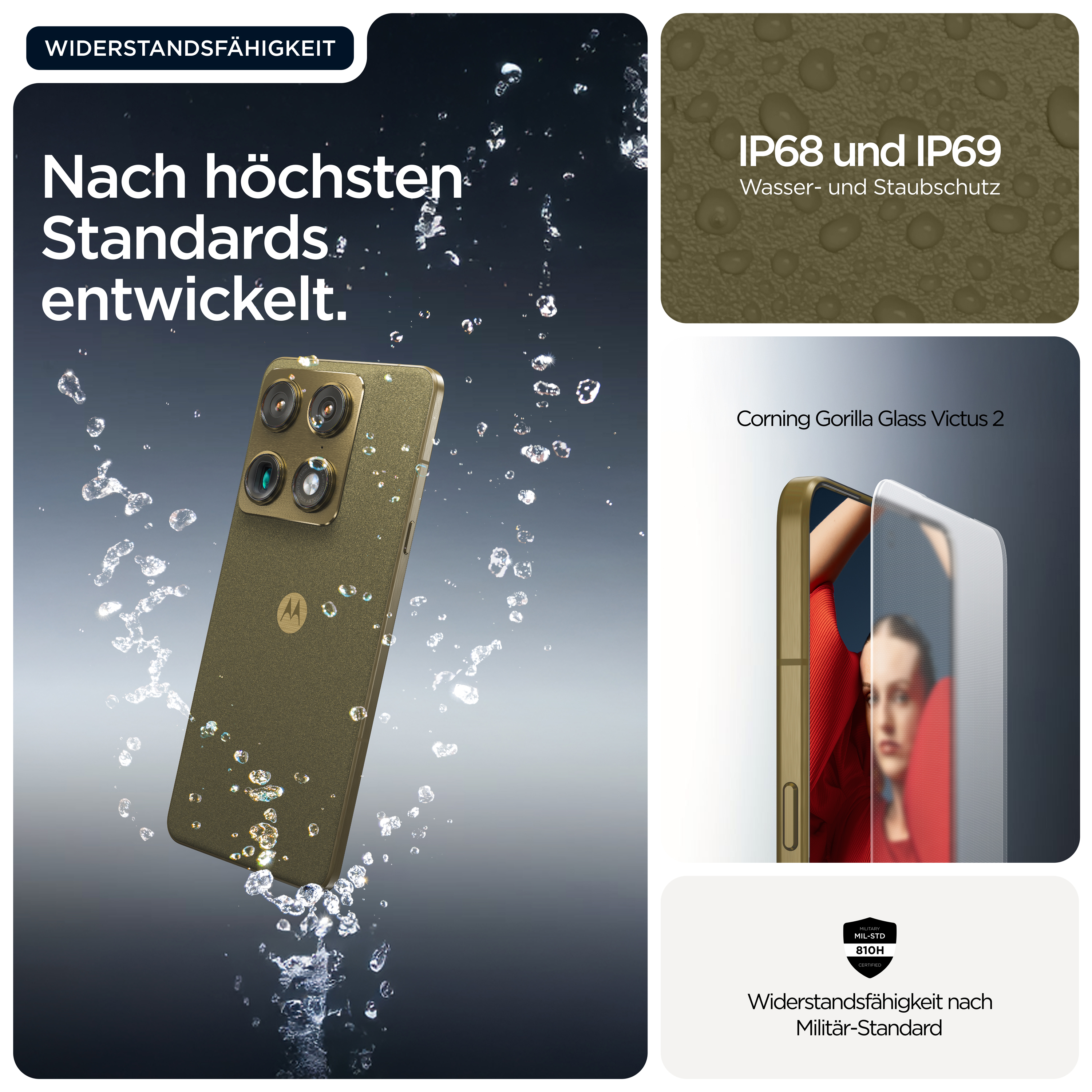 Ein goldenes Motorola Handy mit Wasserspritzern und Text über Widerstandsfähigkeit.