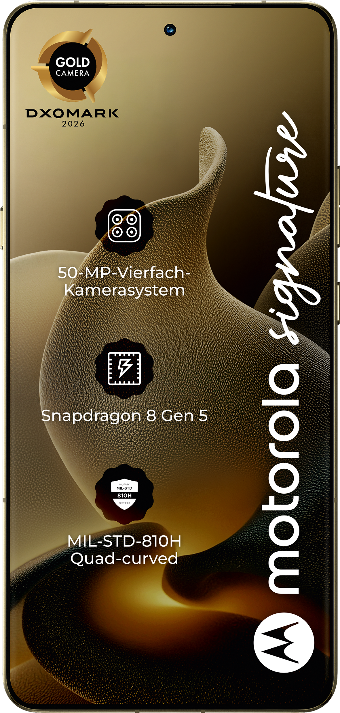 Motorola-Smartphone mit Goldkamera-Siegel, 50MP-Vierfachkamera, Snapdragon 8 Gen 5, MIL-STD-810H.