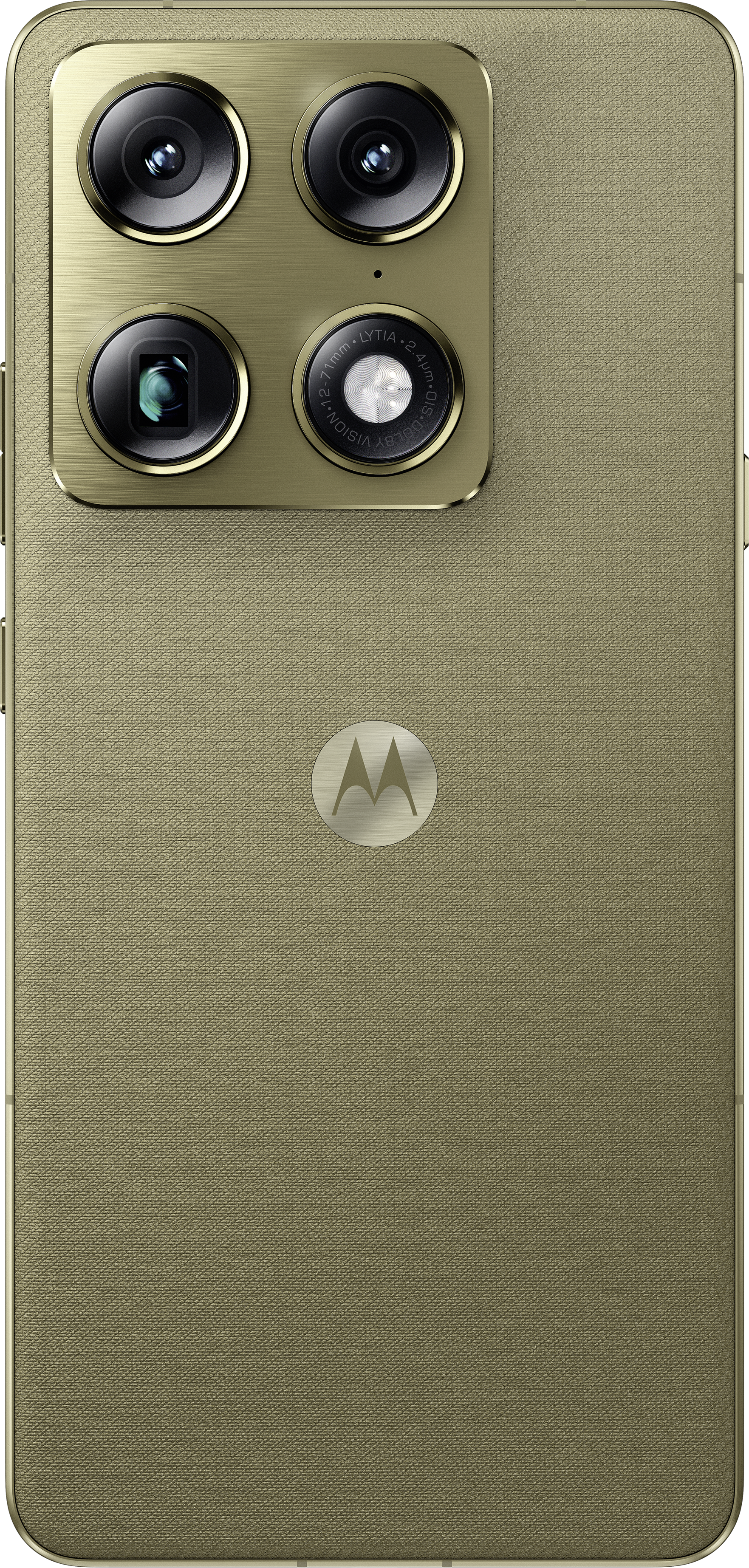 Goldfarbenes Smartphone mit vier Kameralinsen und Motorola-Logo.