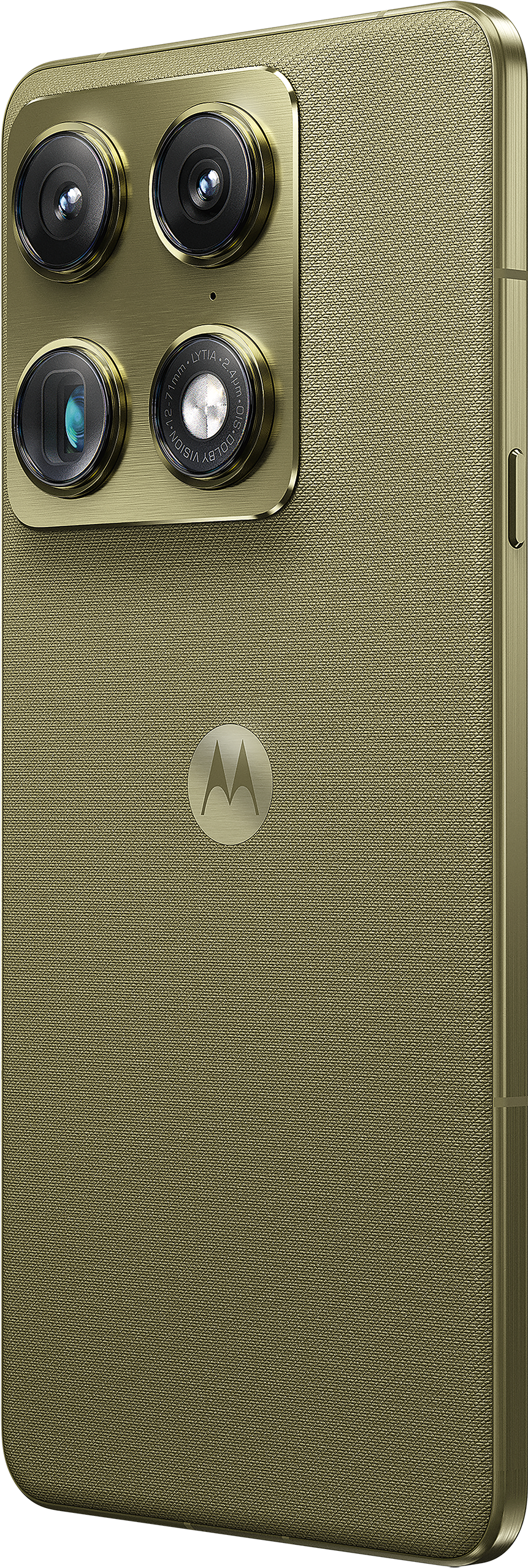 Goldenes Smartphone mit vier Kameras und Motorola-Logo auf texturiertem Gehäuse.