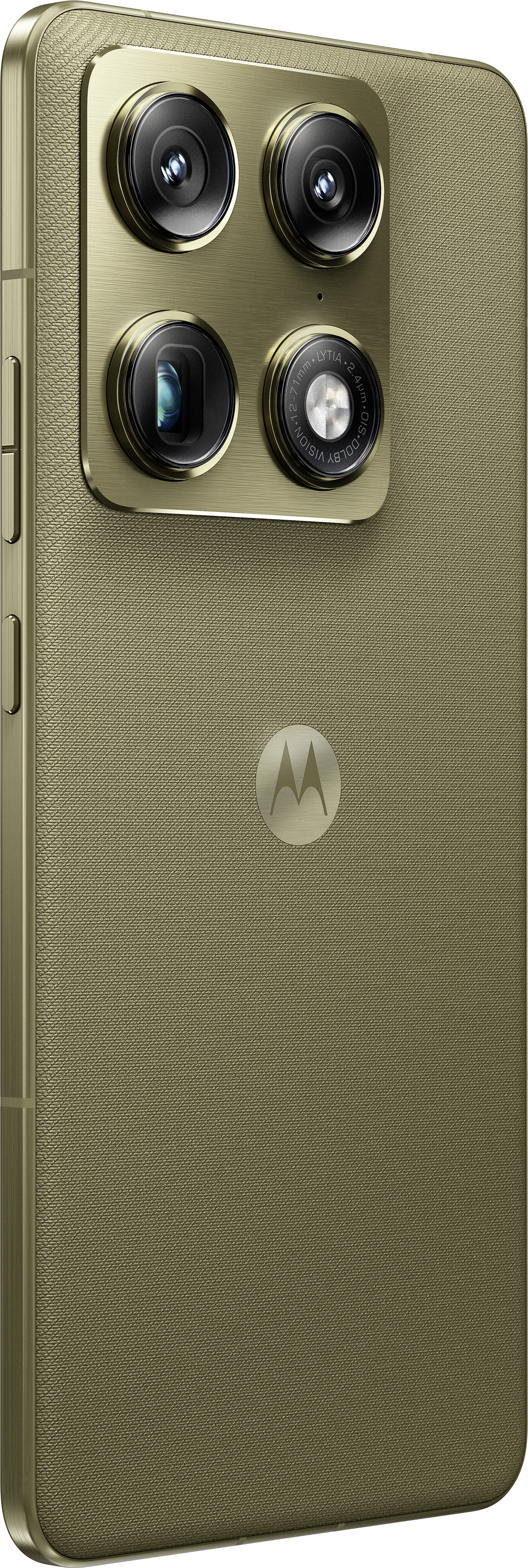 Rückseite eines goldfarbenen Motorola-Smartphones mit vier Kameras und Logo.