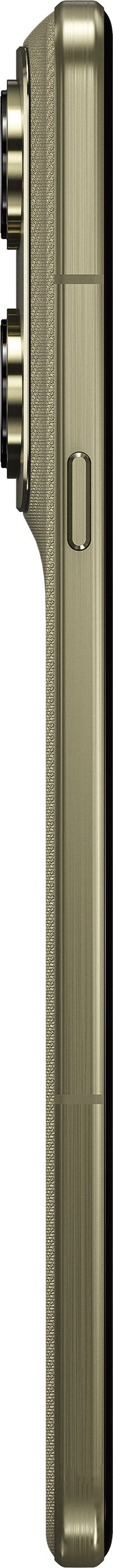 Goldfarbenes Smartphone mit drei Kameras und strukturiertem Rand.