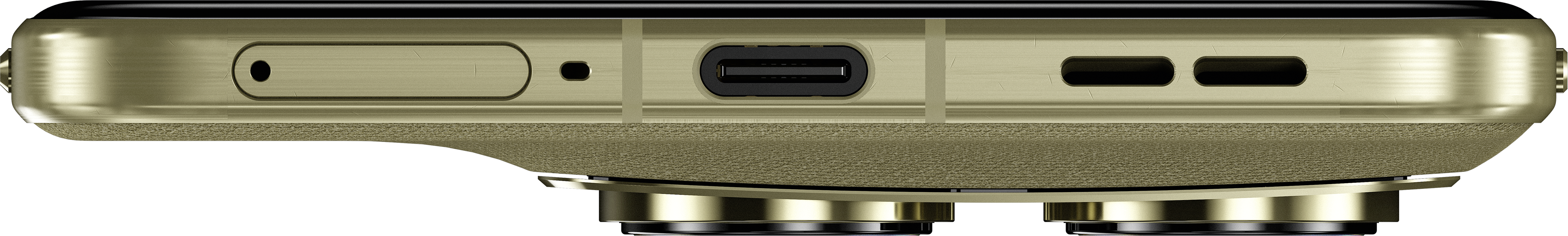 Nahaufnahme des goldfarbenen Rahmens eines Telefons mit USB-C-Anschluss.