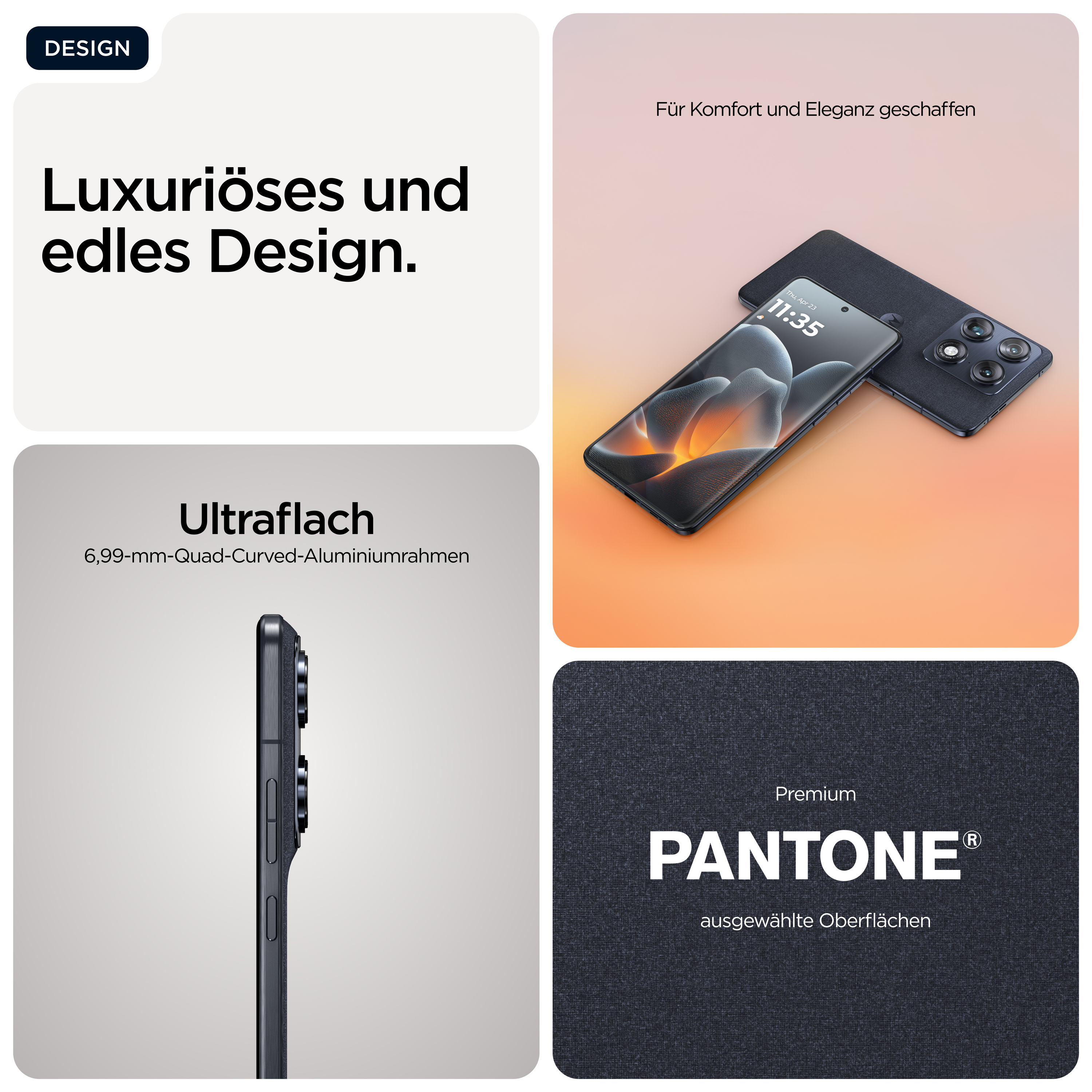 Un smartphone sombre avec 4 caméras et un motif en tissu bleu.