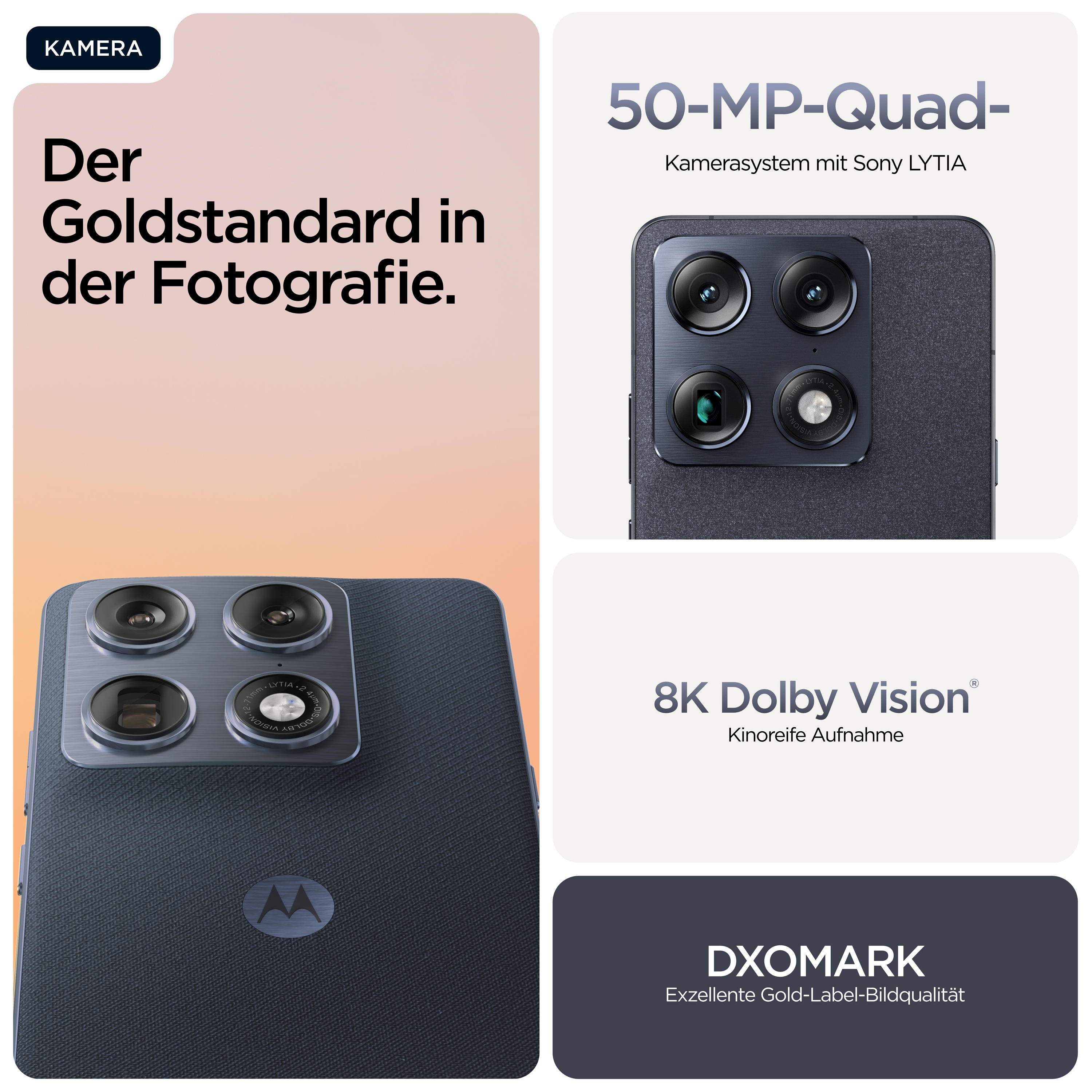 Smartphone bleu foncé avec quatre caméras et logo "KAMERA".