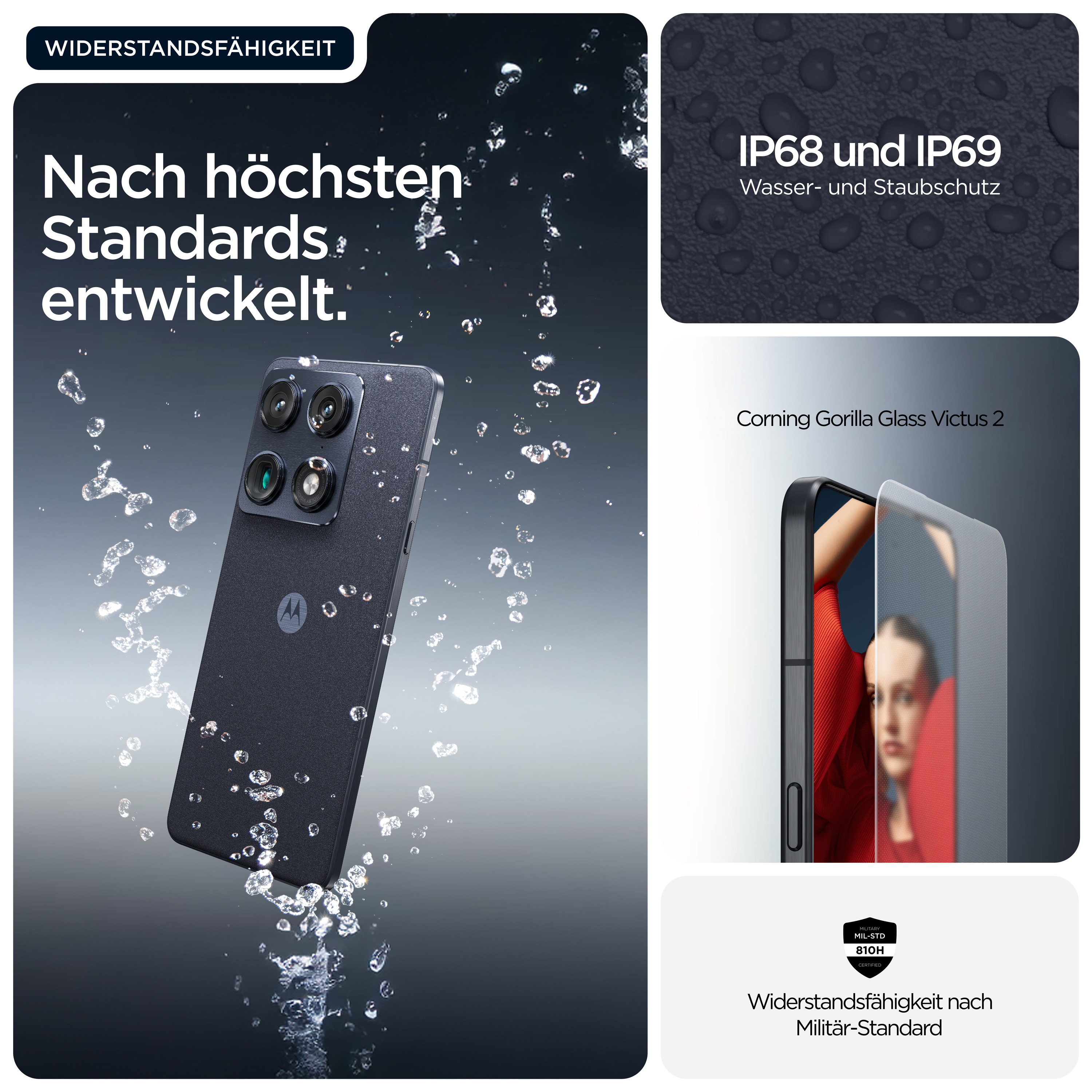 Un smartphone noir avec des gouttes d'eau, IP68/IP69 et Gorilla Glass Victus 2.