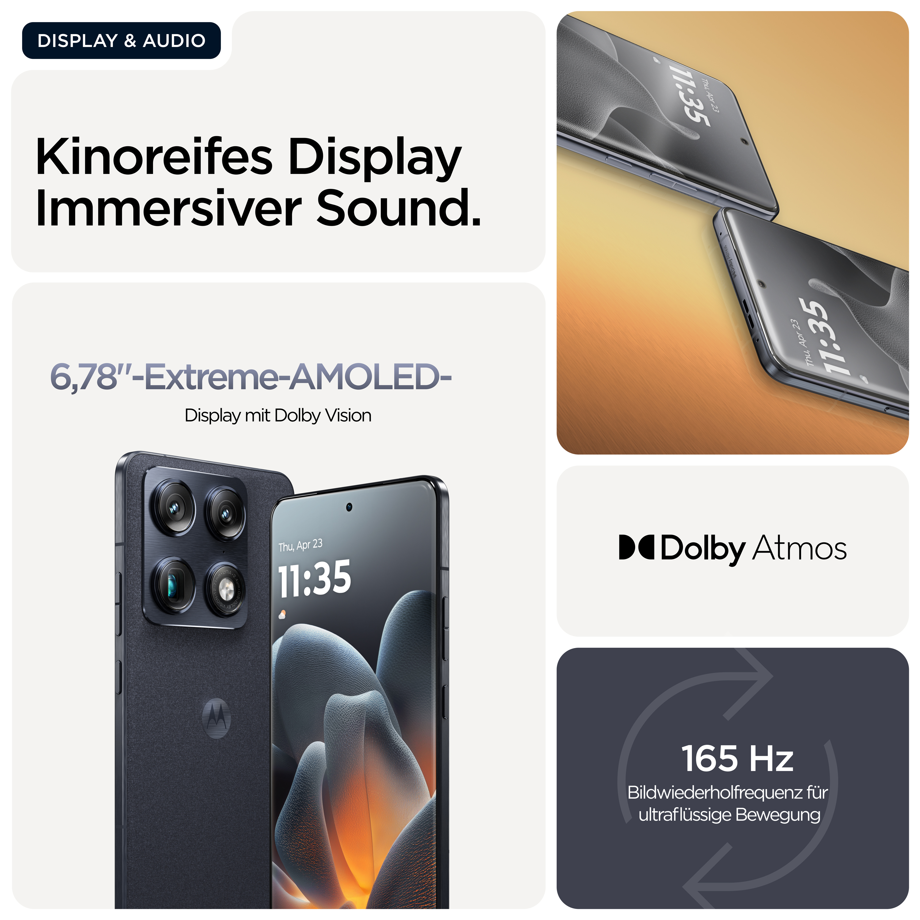 Smartphone gris foncé avec quatre caméras. L'écran affiche 11:35.