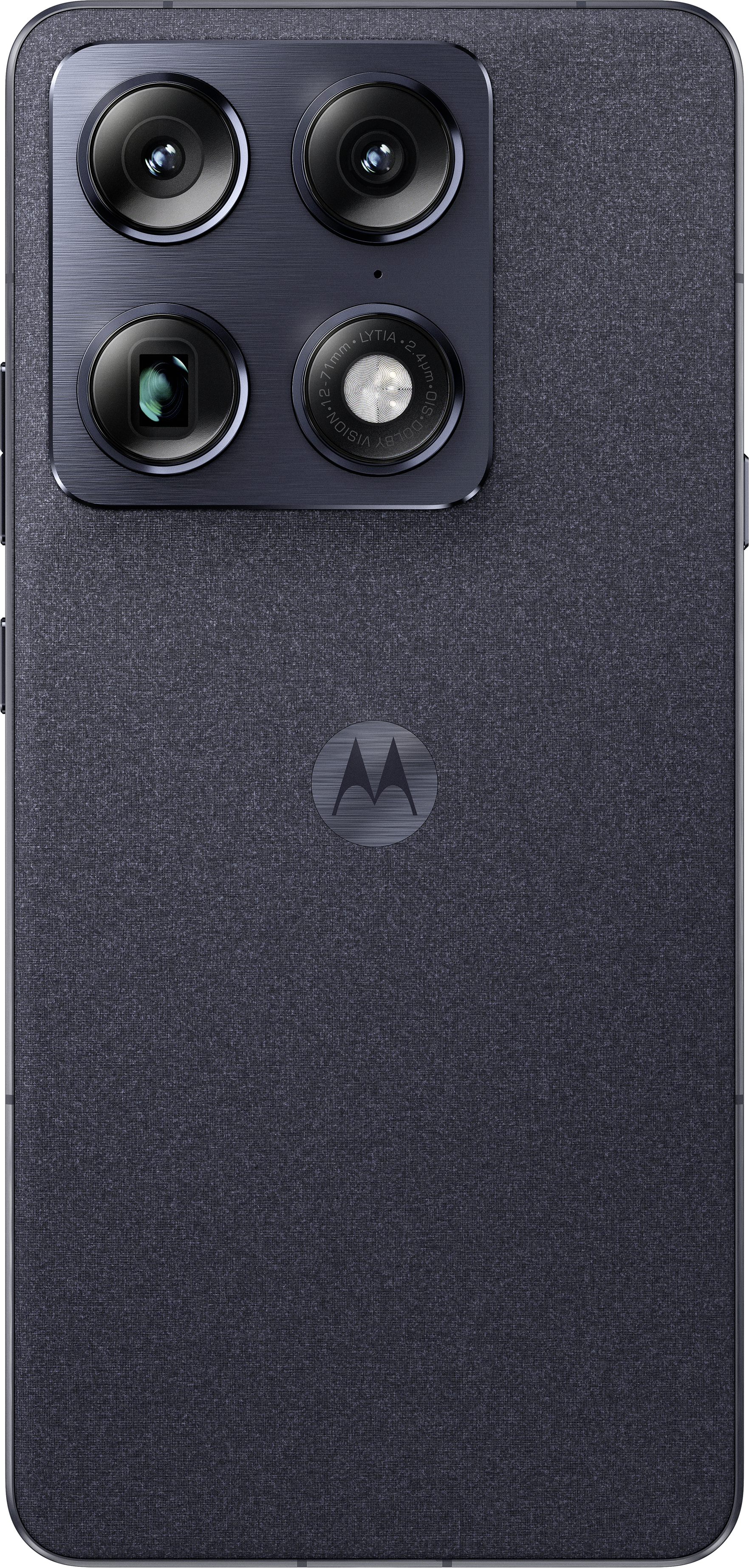 Téléphone gris foncé avec quatre caméras et logo Motorola.
