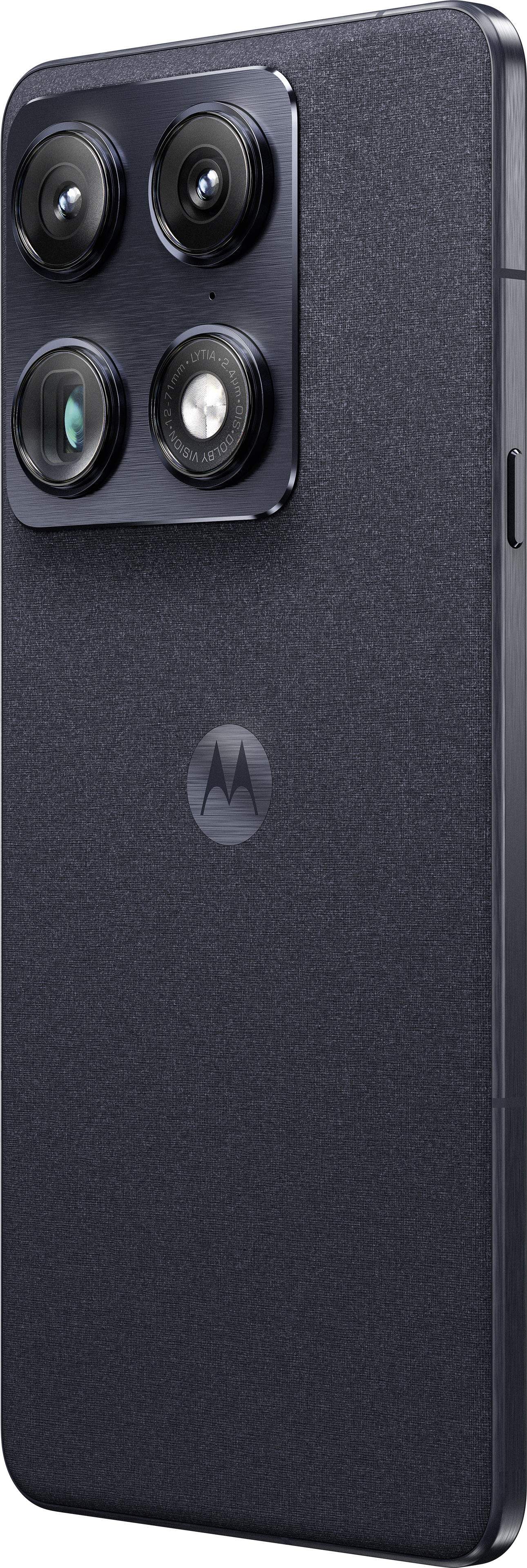Arrière d'un smartphone sombre avec quatre caméras et le logo Motorola.