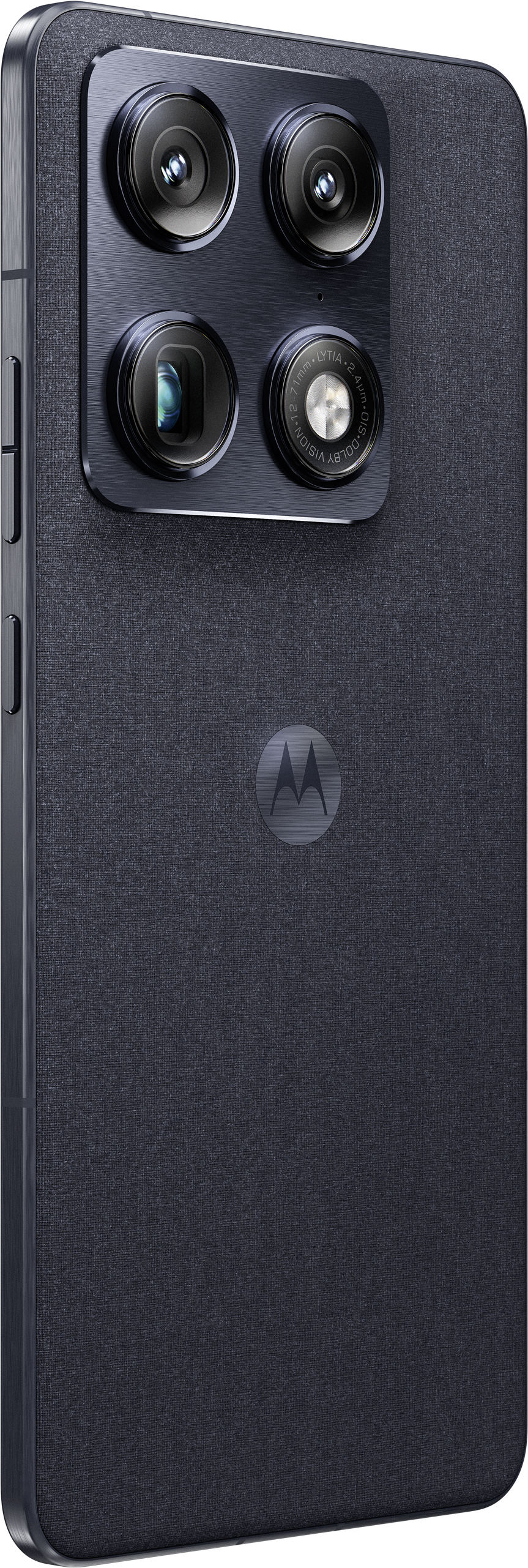 Arrière d'un smartphone sombre avec quatre caméras et un logo M.