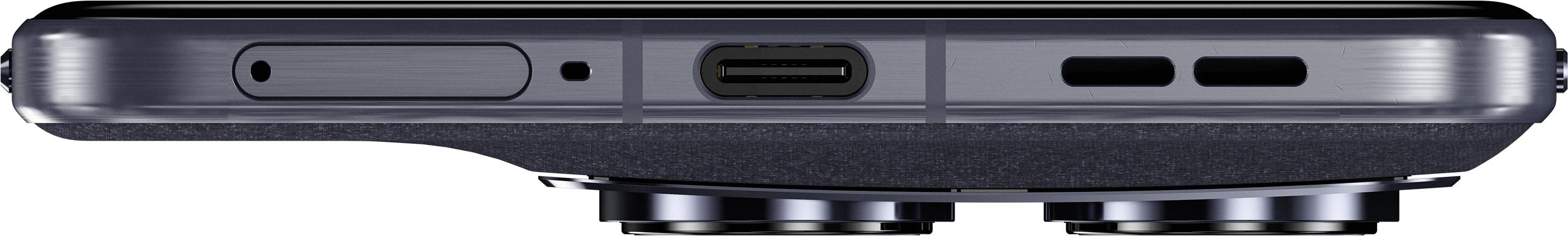 Gros plan du bord inférieur d'un smartphone sombre, montrant un port USB-C.