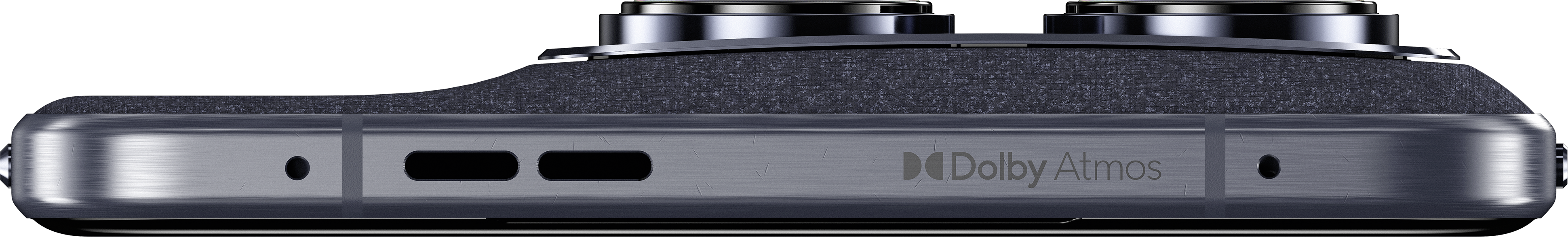 Gros plan du bas d'un smartphone avec logo Dolby Atmos.